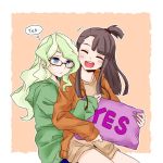  2girls artist_request blonde_hair blue_eyes blush brown_hair closed_eyes commentary_request diana_cavendish english hood hooded_jacket hug hug_from_behind jacket kagari_atsuko little_witch_academia multiple_girls red_eyes shorts yes-no_pillow yuri 