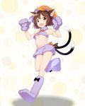  1girl :d alternate_costume animal_ears bangs black_bow bow bowtie breasts brown_eyes brown_hair cat_ears cat_tail chen commentary_request earrings eyebrows_visible_through_hair fujiyama full_body gloves hands_up hat jewelry looking_at_viewer midriff mob_cap multiple_tails open_mouth orange_bow orange_hat paw_gloves paw_shoes paws shoes short_hair shorts small_breasts smile solo standing standing_on_one_leg tail touhou under_boob 