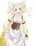  1girl apron bangs blonde_hair blue_eyes breasts corset cowboy_shot dress fire_emblem fire_emblem:_kakusei frills hair_ornament heart liz_(fire_emblem) looking_at_viewer medium_breasts open_mouth parted_bangs simple_background sketch smile solo twintails tyotto_ko_i white_background 
