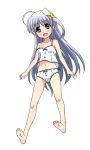  1girl :d ahoge bangs barefoot blue_eyes blue_hair bow bow_panties camisole crotch_seam eyebrows_visible_through_hair feet floating full_body hair_ornament long_hair looking_at_viewer lyrical_nanoha mahou_shoujo_lyrical_nanoha mahou_shoujo_lyrical_nanoha_a&#039;s miyajima_hitoshi open_mouth panties reinforce_zwei shirt simple_background smile soles solo spaghetti_strap strap_slip toes underwear underwear_only white_background white_panties white_shirt x_hair_ornament 