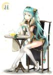  1girl aqua_eyes aqua_hair bangs bracelet chair china_dress chinese_clothes commentary_request cup detached_sleeves dress full_body hatsune_miku high_heels highres jewelry k.syo.e+ long_hair revision see-through sitting solo table teacup teapot thigh-highs twintails very_long_hair vocaloid white_legwear 