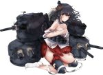  1girl bare_shoulders black_hair blush breasts broken broken_weapon burnt_clothes cannons closed_mouth covering covering_breasts damaged detached_sleeves floral_print full_body hair_ornament headband_removed kantai_collection kanzashi kneeling looking_at_viewer medium_breasts messy_hair miniskirt no_shoes off_shoulder red_eyes remodel_(kantai_collection) ribbon_removed rigging rikka_(rikka331) short_hair sideboob skirt solo tabi thigh_strap thighs torn_clothes transparent_background turret weapon wide_sleeves yamashiro_(kantai_collection) 