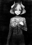  1girl absurdres black black_background breasts covering covering_breasts cowboy_shot dark empty_eyes eyebrows_visible_through_hair greyscale hair_between_eyes highres looking_at_viewer made_in_abyss medium_breasts monochrome nrp_(pesu) nude ozen parted_lips scar short_hair smile solo standing 