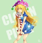  1girl american_flag_dress bare_arms blonde_hair character_name clownpiece commentary_request dress dress_tug green_background hat hoshiringo0902 jester_cap leaning_forward long_hair neck_ruff no_legwear polka_dot pout red_eyes short_dress short_sleeves signature simple_background solo standing star star_print striped touhou v_arms very_long_hair wavy_mouth 