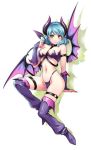  1girl aqua_hair arm_support bikini blush boots breasts bridal_gauntlets demon_girl demon_horns demon_tail demon_wings domestic_na_kanojo gloves gradient_wings highleg highleg_bikini horns medium_breasts multicolored multicolored_wings navel o-ring parted_lips pink_wings purple_footwear purple_gloves purple_wings red_eyes sasuga_kei shadow short_hair solo succubus swimsuit tachibana_rui tail thigh-highs thigh_boots thigh_strap white_background wings 