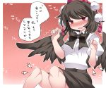  1girl blush bow brown_hair directional_arrow dress_shirt empty_eyes hammer_(sunset_beach) hat open_mouth red_eyes shameimaru_aya shirt short_hair skirt smile tears tickling tokin_hat touhou translation_request trembling wings 