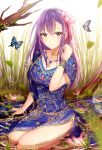  1girl absurdres blurry breasts butterfly depth_of_field fate/grand_order fate_(series) flower hair_flower hair_ornament highres indian_clothes jewelry junpaku_karen large_breasts leaf long_hair looking_at_viewer matou_sakura necklace partially_submerged parvati_(fate/grand_order) purple_hair rain ripples side_slit solo violet_eyes water 