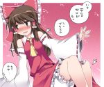  1girl ascot bare_shoulders bloomers blush bow brown_eyes brown_hair detached_sleeves directional_arrow hair_bow hair_tubes hakurei_reimu hammer_(sunset_beach) open_mouth skirt smile tickling touhou translation_request trembling underwear 