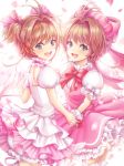  2girls antenna_hair brown_hair card_captor_sakura clow_card dual_persona fuuin_no_tsue glove_bow gloves green_eyes hat hoshi_no_tsue kinomoto_sakura looking_at_viewer magical_girl multiple_girls open_mouth ozon pink_hat short_hair tomoeda_elementary_school_uniform wand white_gloves white_hat wings 