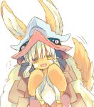  1girl :3 :d animal_ears bangs blunt_bangs ears_through_headwear eyebrows_visible_through_hair flying_sweatdrops furry hat horizontal_pupils horns long_hair looking_at_viewer made_in_abyss nanachi_(made_in_abyss) nekotorina open_mouth paws smile solo standing sweatdrop tail tail_wagging whiskers white_hair 