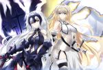 2girls armor armored_boots armored_dress blonde_hair blue_eyes boots breasts cross elbow_gloves fate/grand_order fate_(series) faulds flag gauntlets gloves headpiece highres jeanne_alter large_breasts long_hair looking_at_viewer multiple_girls navel navel_cutout ruler_(fate/apocrypha) smile sword thigh-highs thigh_boots weapon white_hair yellow_eyes yuki_maccha_(yukimattya10) 