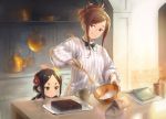  2girls black_eyes black_hair book bow bowl bowtie brown_eyes brown_hair cake commentary_request cooking dorothy_(princess_principal) flower food hair_flower hair_ornament hikimayu kitchen long_hair multiple_girls murakami_hisashi princess_principal sidelocks tied_hair toudou_chise 