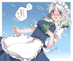  1girl ascot blue_eyes blush braid directional_arrow hair_ribbon hammer_(sunset_beach) izayoi_sakuya long_hair looking_at_viewer maid maid_headdress open_mouth ribbon silver_hair smile tears tickling touhou translation_request twin_braids 