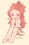  1girl :d bare_arms bare_shoulders barefoot beltbra blush full_body idu_michito legs_together long_hair looking_at_viewer made_in_abyss mitty_(made_in_abyss) open_mouth pink_background red_eyes redhead simple_background sitting smile solo twitter_username 