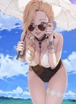  1girl asymmetrical_hair azur_lane bare_shoulders black_swimsuit blonde_hair blue_eyes blue_sky breasts character_request clouds cloudy_sky collarbone copyright_request covered_navel day erect_nipples gluteal_fold hands_up holding holding_umbrella hood_(azur_lane) ivris large_breasts long_hair looking_at_viewer nail_polish ocean one-piece_swimsuit outdoors parted_lips sky smile solo sunglasses swimsuit thigh_gap thigh_strap thighs umbrella 