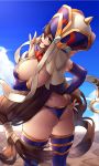  1girl ass beads bikini blue_sky breasts bridal_gauntlets brown_eyes brown_hair cowboy_shot day fate/grand_order fate_(series) finger_licking from_behind highres large_breasts licking long_hair looking_at_viewer looking_back prayer_beads purple_bikini purple_legwear sky solo swimsuit thigh-highs very_long_hair xuanzang_(fate/grand_order) yin-ting_tian 