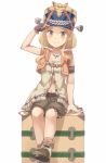  &gt;:) 1girl :d armband atelier_(series) atelier_escha_&amp;_logy blonde_hair blush boots brown_eyes brown_footwear brown_gloves brown_shorts collarbone fingerless_gloves gloves hand_on_headwear hat jewelry katla_larchica looking_at_viewer machikado necklace open_mouth orange_legwear revision shako_cap shirt short_hair_with_long_locks shorts single_glove sitting sleeveless sleeveless_shirt smile socks solo suitcase white_background white_shirt 