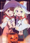  2girls blonde_hair blue_eyes blush brown_eyes brown_hair check_commentary commentary_request diana_cavendish halloween halloween_costume hat highres jack-o&#039;-lantern kagari_atsuko little_witch_academia multiple_girls one_eye_closed tama witch witch_hat younger 