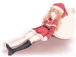  1girl 2017 absurdres arm_at_side artist_name barefoot belt black_legwear blush capelet christmas closed_eyes closed_mouth dress drooling eyebrows_visible_through_hair feet from_side full_body fur_trim gabriel_dropout hair_between_eyes hand_on_own_stomach hat highres long_hair long_sleeves loose_thighhigh lying messy_hair number on_back open_mouth pom_pom_(clothes) red_dress sack sainohikari saliva santa_costume santa_hat signature single_thighhigh sleeping solo tenma_gabriel_white thigh-highs very_long_hair white_background 