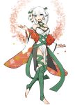  1girl :d breasts floral_print florges green_legwear grey_eyes ituyakitori looking_at_viewer medium_breasts medium_hair open_mouth personification pointy_ears pokemon smile solo standing white_hair wide_sleeves 