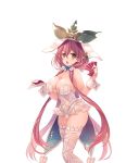  1girl animal_ears bare_shoulders breasts brown_eyes bunnysuit card cleavage granblue_fantasy hair_between_eyes hair_ornament highres large_breasts leaf long_hair looking_at_viewer low_twintails mizuno_(suisuiw) navel pink_hair plant_girl pointy_ears rabbit_ears smile solo thigh-highs twintails very_long_hair yggdrasill_(granblue_fantasy) 