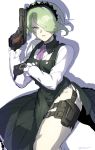  1girl black_gloves dangan_ronpa dress gloves green_eyes gun hair_over_one_eye highres holding holding_gun holding_weapon maid_headdress necktie new_dangan_ronpa_v3 pinafore_dress short_hair silver_hair simple_background suurin_(ksyaro) toujou_kirumi weapon 