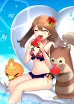  &gt;_&lt; 1girl :d ^_^ ^o^ absurdres bare_arms bare_legs bare_shoulders bikini blue_eyes blush breasts brown_hair cleavage closed_eyes eating eyebrows_visible_through_hair floral_print flower food frilled_bikini frills furret hair_flower hair_ornament haruka_(pokemon) heart hibiscus highres holding holding_food long_hair medium_breasts navel open_mouth pokemon pokemon_(creature) pokemon_(game) pokemon_rse ribbon side-tie_bikini sitting smile soaking_feet stomach swimsuit teeth thighs torchic upper_teeth water water_drop watermark yellow_ribbon yuihiko 