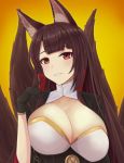  1girl absurdres akagi_(azur_lane) animal_ears artist_request azur_lane bangs black_gloves black_hair blunt_bangs blush breasts cleavage fox_ears gloves highres japanese_clothes large_breasts long_hair looking_at_viewer multiple_tails parted_lips red_eyes smile solo tail upper_body 