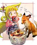  1girl absurdres animal_ears bangs blonde_hair blunt_bangs commentary_request doitsuken dress eyebrows_visible_through_hair fan flying_sweatdrops food fox fox_ears fox_girl fox_tail grilling highres holding holding_fan long_sleeves looking_at_another multiple_tails mushroom original paper_fan pink_dress short_eyebrows short_hair squatting striped striped_legwear tail thick_eyebrows two_tails yellow_eyes 