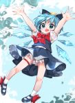  1girl bare_arms bare_legs bloomers blue_background blue_eyes blue_footwear blue_hair blue_skirt bow bowtie cirno full_body hair_bow highres ice ice_wings miniskirt open_mouth outstretched_arms puffy_short_sleeves puffy_sleeves red_neckwear samayoi shoe_bow shoes short_hair short_sleeves skirt skirt_set solo touhou underwear vest wings 