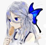  1girl blue_eyes butterfly_hair_ornament candy choker dated dress food from_side grey_background grey_hair hair_between_eyes hair_ornament halloween highres holding_lollipop lollipop long_hair original sako_(user_ndpz5754) signature simple_background solo white_neckwear 