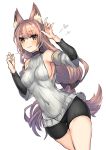  1girl animal_ears bangs bike_shorts black_bow blush bow breasts brown_eyes brown_hair closed_mouth dutch_angle eyebrows_visible_through_hair fox_ears fox_shadow_puppet fox_tail grey_sweater hair_bow hands_up heart long_hair looking_at_viewer low-tied_long_hair medium_breasts original ribbed_sweater shikino_yuki sideboob simple_background sleeveless smile solo sweater tail very_long_hair white_background 