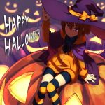  1girl adjusting_clothes adjusting_hat bike_shorts bow brown_hair cape drawstring hair_between_eyes happy_halloween hat hat_bow hood hoodie jack-o&#039;-lantern knees_together_feet_apart koya_keisuke linne partially_unzipped short_hair sitting solo striped striped_legwear thigh-highs tsurime under_night_in-birth violet_eyes witch_hat 