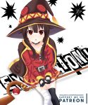  artist_name bandage bandaged_leg belt black_gloves black_legwear cape collar dress fingerless_gloves gloves hat helvetica_5tandard highres holding holding_staff kono_subarashii_sekai_ni_shukufuku_wo! megumin red_dress red_eyes short_hair_with_long_locks signature single_thighhigh sitting staff thigh-highs witch_hat 