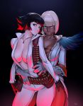  2girls belt black_hair blue_eyes bob_cut breasts center_opening cleavage closed_mouth collarbone couple dark_background dark_skin devil_may_cry devil_may_cry_4 female gloria_(devil_may_cry) grey_lipstick hand_on_another&#039;s_hip hand_on_another&#039;s_leg hand_on_another&#039;s_thigh hand_on_leg hand_under_clothes highres hug hug_from_behind interracial jacket jewelry lady_(devil_may_cry) lips lipstick looking_at_viewer makeup multiple_girls mutual_yuri neck necklace open_clothes parted_lips shell_casing short_hair smile standing typo_(requiemdusk) unzipped utility_belt white_hair white_jacket yuri zipper 