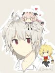  1girl 2boys absurdres ahoge bangs beige_background black_legwear black_ribbon black_skirt blank_eyes blonde_hair blush braid eyebrows_visible_through_hair fate/apocrypha fate/grand_order fate_(series) hair_ornament hair_ribbon heart highres long_braid long_hair male_focus multicolored_hair multiple_boys necktie pantyhose pink_hair purple_hair red_eyes ribbon ruler_(fate/apocrypha) shirt short_hair sieg_(fate/apocrypha) silver_hair single_braid skirt sonori thigh-highs trap two-tone_hair very_long_hair violet_eyes white_shirt 