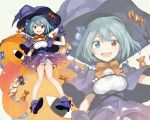  1girl :d alternate_costume bangs blue_footwear blue_gloves blue_hair bow bowtie candy capelet commentary_request food fujiyama geta gloves halloween_costume hand_on_headwear hand_up hat heterochromia looking_at_viewer open_mouth orange_neckwear short_hair smile tatara_kogasa tongue touhou witch_hat zoom_layer 