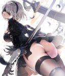  1girl artist_request ass bangs black_dress black_gloves blindfold breasts commentary dress dutch_angle feather_trim feathers flat_ass gloves hairband holding holding_weapon looking_at_viewer medium_breasts nier_(series) nier_automata parted_lips short_dress short_hair simple_background solo sword thigh-highs weapon white_hair yorha_no._2_type_b 