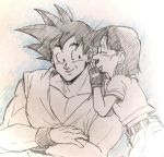  1boy 1girl bare_chest black_eyes black_hair closed_eyes dougi dragon_ball eyebrows_visible_through_hair fingerless_gloves gloves grandfather_and_granddaughter happy looking_at_another monochrome ochanoko_(get9-sac) open_mouth pan_(dragon_ball) short_hair simple_background smile son_gokuu spiky_hair whispering wristband 