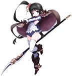  1girl atelier_(series) atelier_totori black_gloves black_hair boots brown_footwear capelet closed_mouth expressionless full_body gloves hair_ornament highres holding holding_spear holding_weapon karukan_(monjya) knee_boots leotard long_hair looking_at_viewer mimi_houllier_von_schwarzlang polearm purple_capelet side_ponytail simple_background solo spear standing standing_on_one_leg thigh-highs violet_eyes weapon white_background white_legwear 