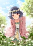  1girl aqua_ribbon blue_hair blush clothes_writing clouds clover domestic_na_kanojo dress english flower hands_in_pockets head_wreath jacket looking_at_viewer open_clothes open_jacket outdoors pink_jacket red_eyes ribbon sasuga_kei short_hair sky smile solo tachibana_rui tree 