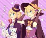  1boy 1girl artist_request bag blonde_hair blue_hair cat_doll commentary earrings green_eyes hair_ornament hairclip halloween_costume hat jewelry kagamine_len kagamine_rin paper_bag tagme top_hat vocaloid wand witch_hat 