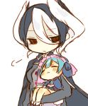  1boy 1girl blue_hair cape carrying closed_eyes closed_mouth commentary_request eyebrows_visible_through_hair hair_between_eyes looking_away lowres made_in_abyss maid maid_headdress maruruk nekotorina ozen parted_lips short_hair simple_background sleeping standing trap whistle white_background 