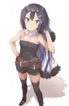  &gt;:) 1girl asagiri_asagi bare_shoulders belt black_footwear black_hair black_legwear black_shirt blue_eyes blush boots camisole closed_mouth coat disgaea from_above fur_collar fur_trim hair_ornament hairclip hand_on_hip holding looking_at_viewer machikado nippon_ichi revision shirt short_hair silhouette sleeveless sleeveless_shirt smile solo spaghetti_strap standing thigh-highs thigh_boots white_background x_hair_ornament zettai_ryouiki 