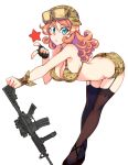  1girl assault_rifle bikini bikini_top camouflage camouflage_bikini gun helmet kusanagi_tonbo rifle solo stockings. swimsuit weapon 