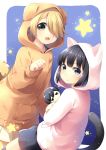  2girls :o animal_costume animal_ears black_eyes black_hair blonde_hair cat_costume cat_tail character_doll chibi dog_costume hair_over_one_eye hikariin25 holding_doll multiple_girls oota_saya paw_pose short_hair skirt star tail tanaka-kun_wa_itsumo_kedaruge tanaka_(tanakeda) tanaka_rino 