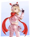  1girl animal_ears ass blonde_hair blue_background border butt_crack cape djeeta_(granblue_fantasy) fake_animal_ears gloves goggles goggles_on_head goggles_on_headwear gradient gradient_background granblue_fantasy hair_between_eyes holster looking_at_viewer looking_back midriff one_eye_closed outline outside_border pants pink_pants pointing pointing_up purple_gloves red_scarf scarf seinz0 short_hair smile solo thigh_holster tight tight_pants tongue tongue_out white_border white_outline yellow_eyes 