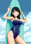  1girl black_hair blue_sky blue_swimsuit breasts casual_one-piece_swimsuit clouds covered_navel cowboy_shot danis_ariandi day earrings green_eyes grin highres jewelry medium_breasts one-piece_swimsuit original outdoors short_hair sky smile solo surfboard swimsuit 