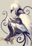  armor beak bird breastplate claws commentary_request feathers from_side full_body furry greaves grey_background legs_crossed manino_(mofuritaionaka) original profile signature simple_background solo spaulders wings yellow_eyes 