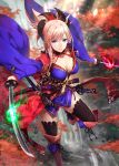  1girl black_legwear blue_eyes blurry breasts depth_of_field detached_sleeves dual_wielding fate/grand_order fate_(series) gabiran japanese_clothes katana kimono large_breasts leaf_print light_smile looking_at_viewer maple_leaf_print miyamoto_musashi_(fate/grand_order) obi pink_hair ponytail sash sheath sleeveless sleeveless_kimono solo sword thigh-highs weapon wide_sleeves 